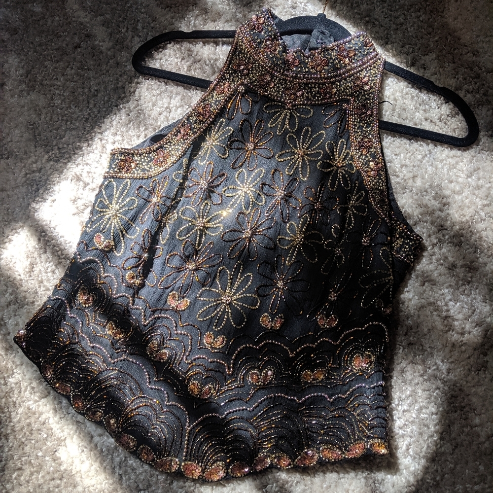 Beaded silk high neck tank top
